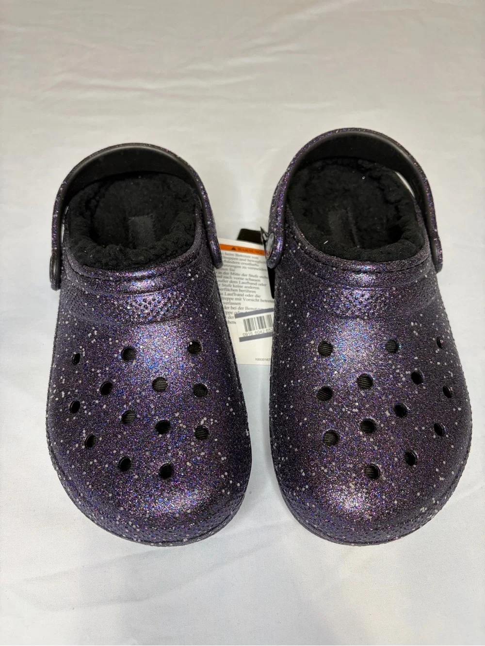 CROCS Kids Glitter Clogs - Purple Sparkle with Black Lining Fleece J3 Girls